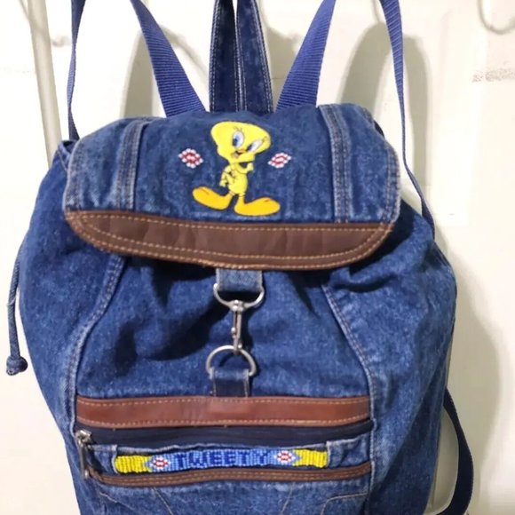 VINTAGE Y2K Jaclyn Looney Tunes Tweety Bird Beaded Denim Jean Big Backpack Bag - Picture 4 of 13